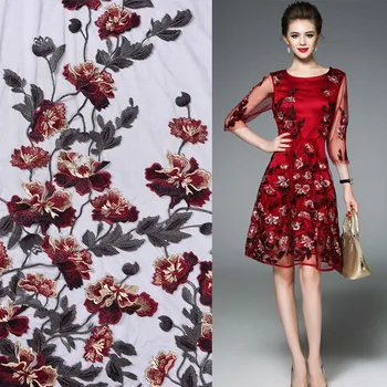 

2yards Mesh net tulle Embroidery Peony Embroidered Wedding Dress Cheongsam Fabric