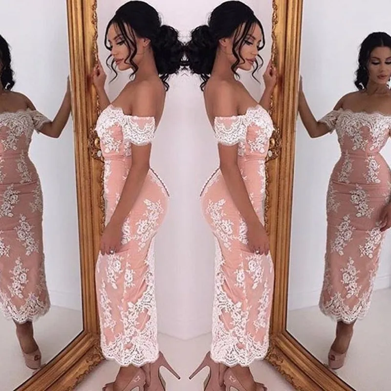 

2016 Elegant Off shoulder vestido de festa Robe De Soiree White Appliques Lace Pink Women Evening Dresses