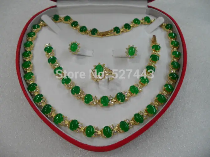 

FREE SHIPPING>>@> Wholesale JWEW6529 women's jewelry green jade gem yellow gold Earring Bracelet Necklace Ring Natural jewelry