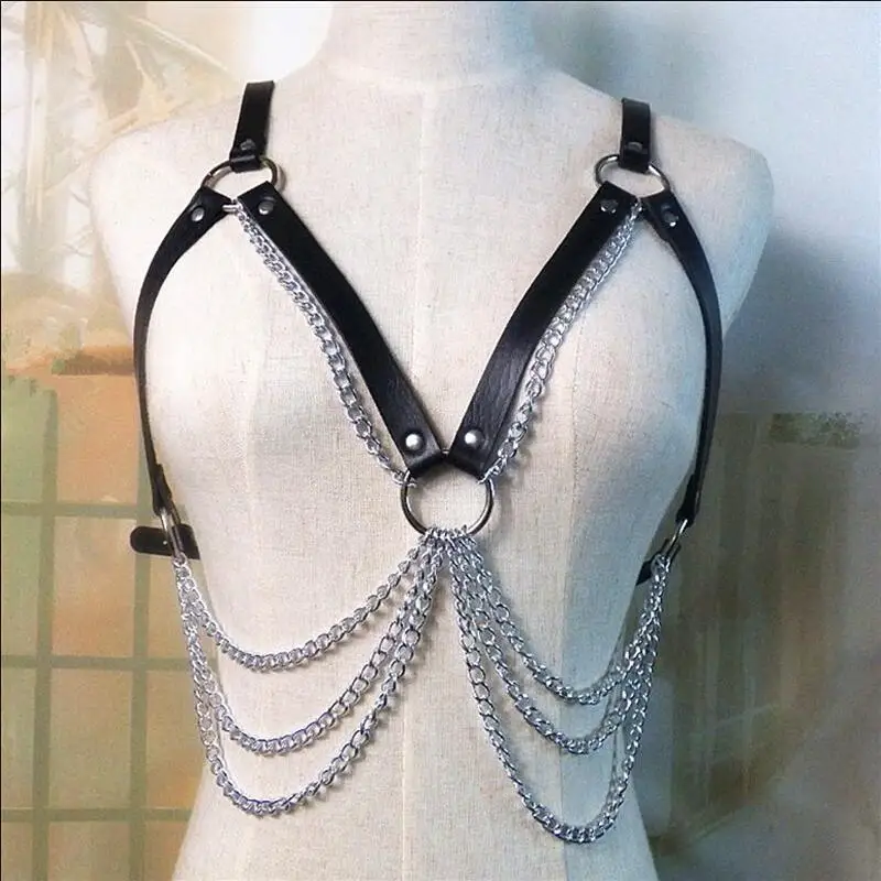 

Women Bondage Body Harness Chain Belt Leather Crop Top for Night Club Party jewelry Sexy Hollow out Metal Chain Backless