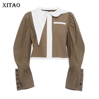 

XITAO Patchwork Hit Color Short Blouse Women Pleated Button Turn Down Collar Full Sleeve Personality Shirt Top Autumn WQR1253