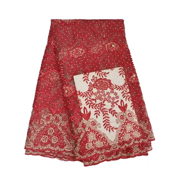 

Large Stones Design African French Red Evening Dress Embroidery Net Lace Fabric For Girls X543-3