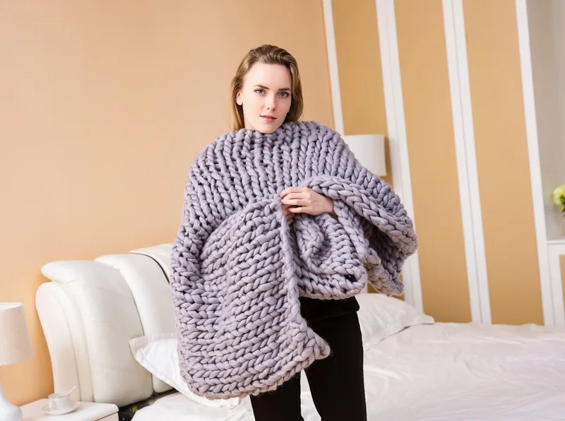 Шерстяное вязаное одеяло для взрослых из мериносовой шерсти ручной работы, однотонное, массивное, гигантское, толстое, пряжа, для дивана, кровати, украшение для дома, одеяло, 150x120