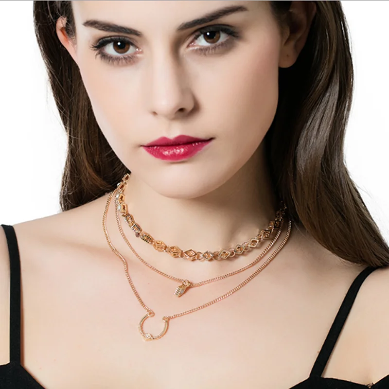 2017 New Fashion Multi layer Crystal Choker Necklace Gold Color