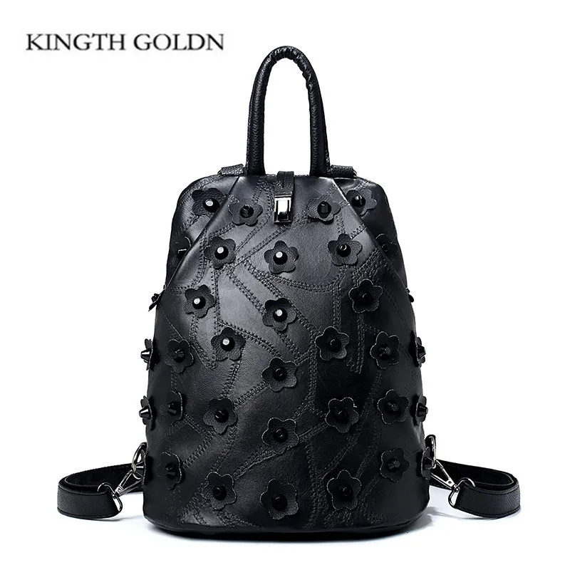 

KINGTH GOLDN High Quality PU Leather Women Backpack Teenage School Shoulder Bag Rivet Flowers Mochila Black Female Backpacks