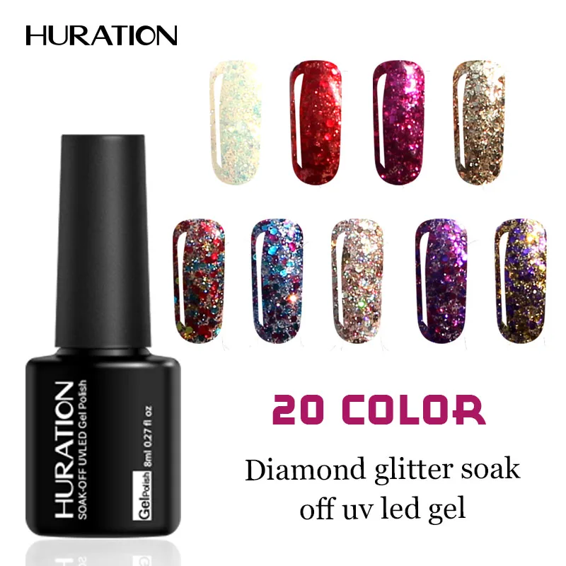

Huration Diamond Gel Nail Polish Glitter 3D Glossy Gold Bright Nail Varnish Shiny Lacquer Brilliant Soak Off UV LED Gel Color