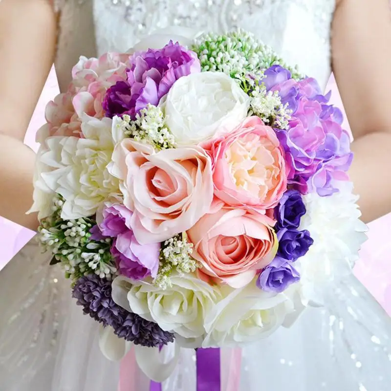 Purple Blue Flowers Promotion For Promotional Peony Bride Bouquet Vintage Artificial Flower Wedding Flowers Blue Purple Optional L30