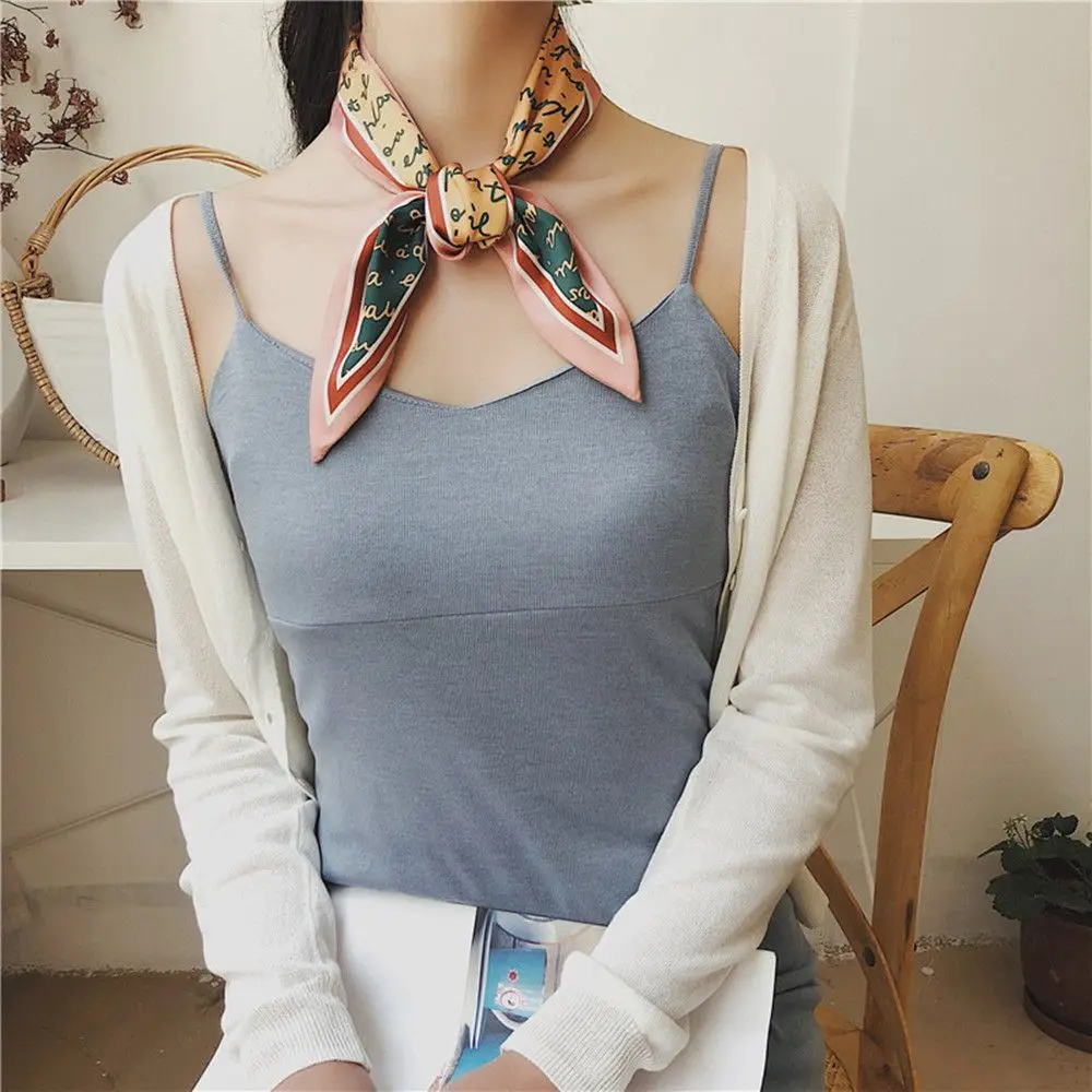 New Women's Head Scarf Elegant Letters Print Solid Colorful Silk Triangle Towel Ribbon Female Hair Band Handbag Scarves Ornament