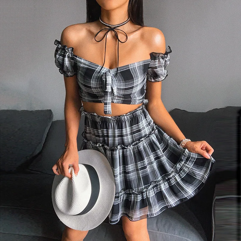 

Shestyle Gray Plaid Chiffon Off Shoulder Slash Neck Crop Top Pleated Skirts 2 Two Piece Sets Women Sexy Bohemia Summer Beachwear