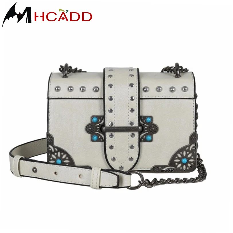 

MHCADD Luxury Women Messenger Bags New 2018 Vintage Small Shoulder Bag Women's Leather Handbags Bag Rivet Chain Clutch Bag