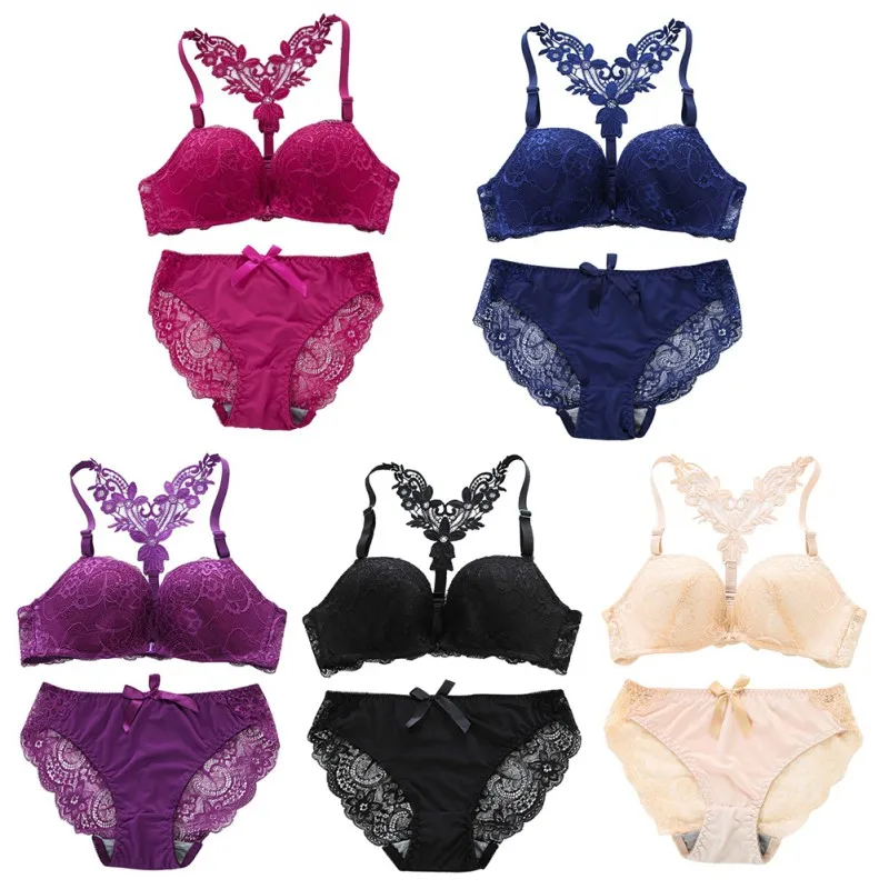 Front Closure Bra and Panty Set Sexy Lace Bow Small Chest Bra Set For