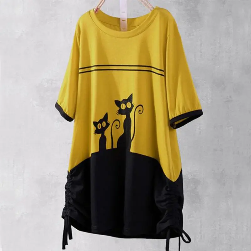 

Women Summer Casual Loose Funny Cat Print Short Sleeves Top Shirt Tees T-shirt Plus Size M-5XL
