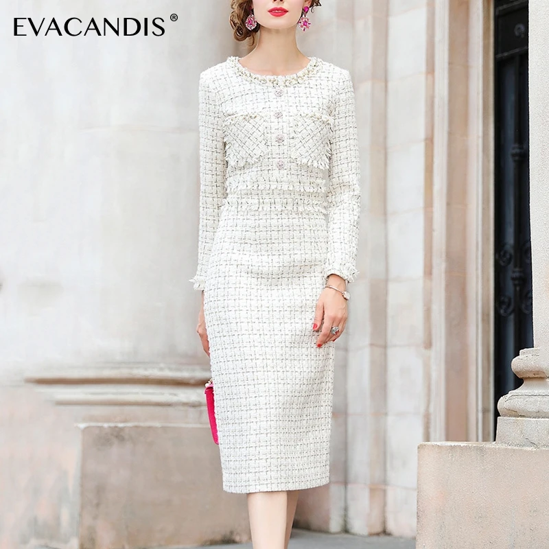 

White Plaid Beading Midi Dress Long Sleeve Elegant Tweed Vintage Korean Designer Autumn Bodycon Winter Dress Women Vestidos