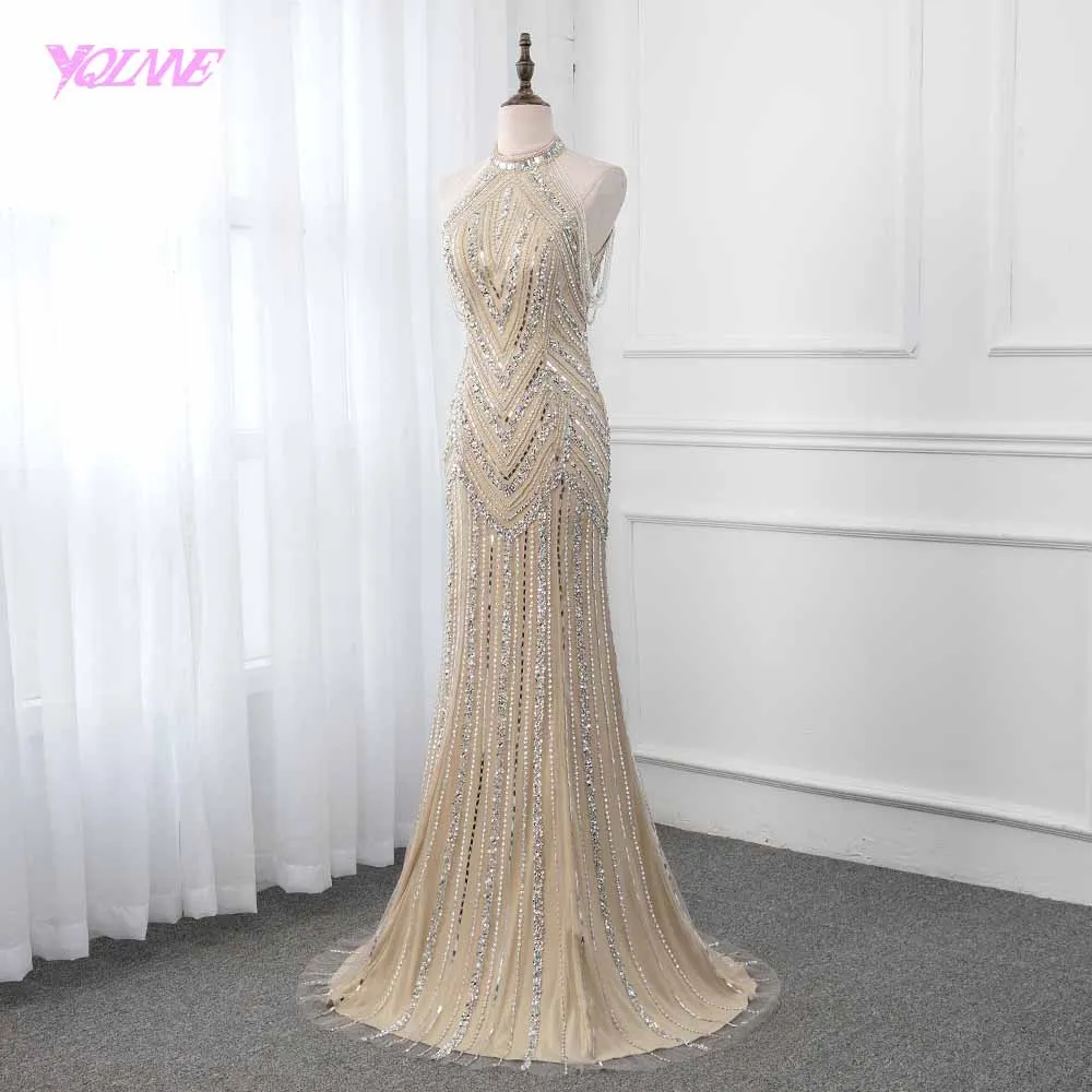 YQLNNE Champagne Crystals Evening Dress Long Pageant Dresses Mermaid Evening Gown Competition