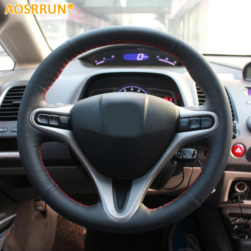 Baratos AOSRRUN coche estilo de cuero cosido a mano cubiertas de volante de coche para Honda Civic 2005 2011 8th MK8 accesorios de coche