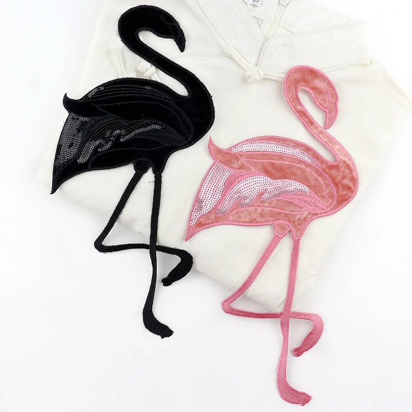 

New diy embroidery Flamingo sequins patches red black large number patches sew on repair Down Jackets Sweater decoration cloth