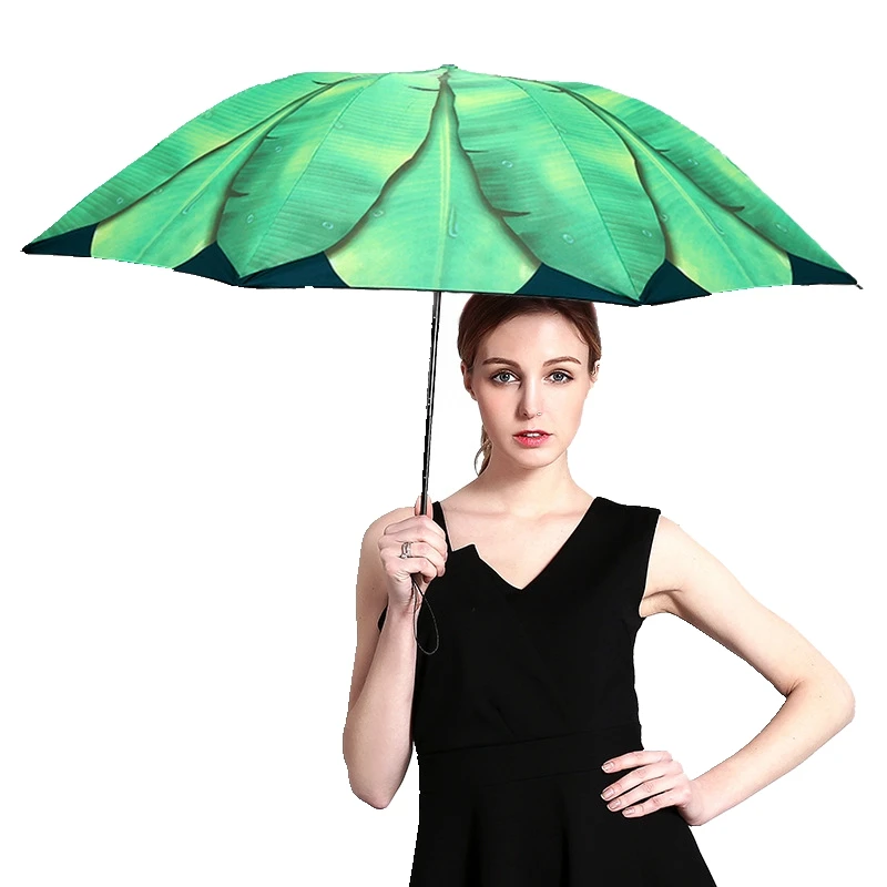 Fresh Banana Leaf Parasol Black Vinyl Umbrella 3 Folding Anti UV Sun