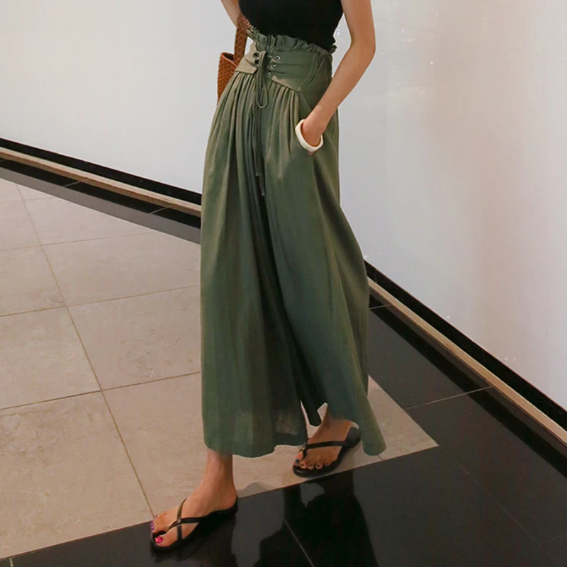 Ancha Sólido Cintura Tobillo longitud Mujeres Pierna Elegante Para Alta Moda Pantalones Rugod De green Verano Con Beige Cómodo Las 2018 Cinturón I8nAqqa7