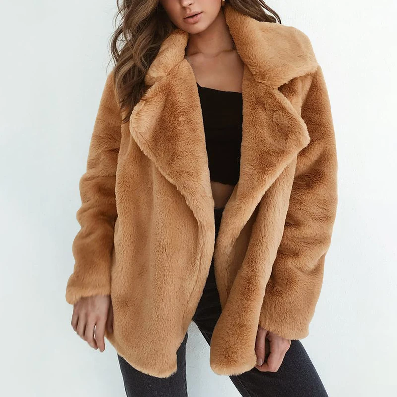 

Elegant Faux Fur Coat Women Fashion Autumn Winter Warm Solid Color Fur Jacket Female Plush Coats Casual Outerwear Overcoat
