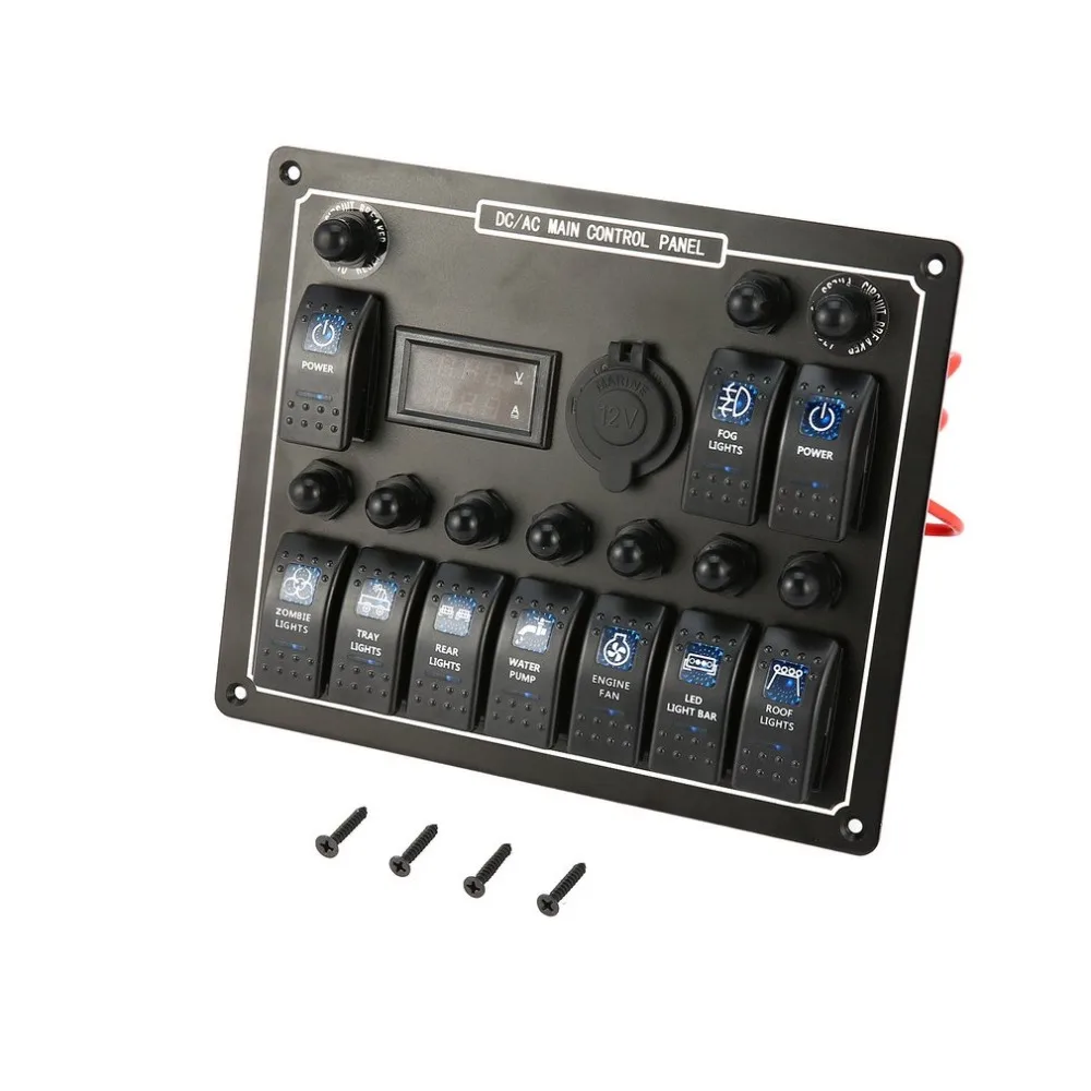 

new Waterproof DC/AC Main Control Panel 10 Gang Car Boat Marine Rocker Switch Panel Digital Current Voltage Meter