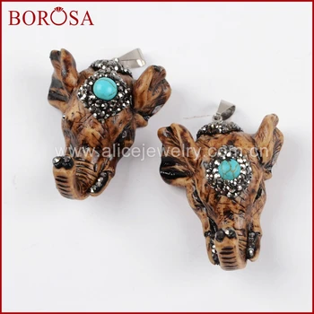

BOROSA Resin Elephant Head Pendant Rhinestone Paved Natural Blue Stone Zircon, Fashion Pendant Beads Druzy for Necklace JAB797