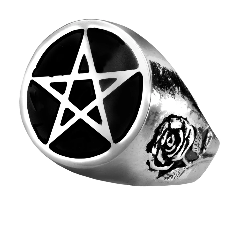 

2018 Gothic Roseus Pentagram Ring Black Enamelled Pentagram Highly Polished And Flanked With Alchemical Roses Of Wisdom Ring