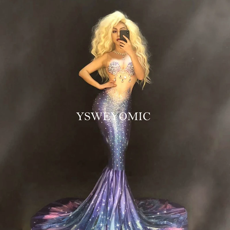 

Mermaid Dance Costume Dress Club Party Sleeveless Crystals Long Dresses Birthday Celebrate Stage Dance Show Dress YSW6602