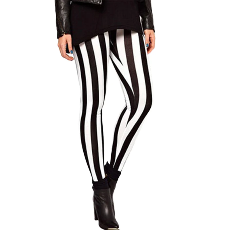 2017 HOT Women Girls Black White Striped Vertical Printed Leggings