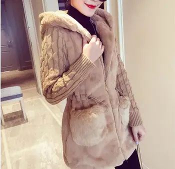 

2017 autumn and winter season knitted stitching plush fur thickening hooded fashion temperament fur coat