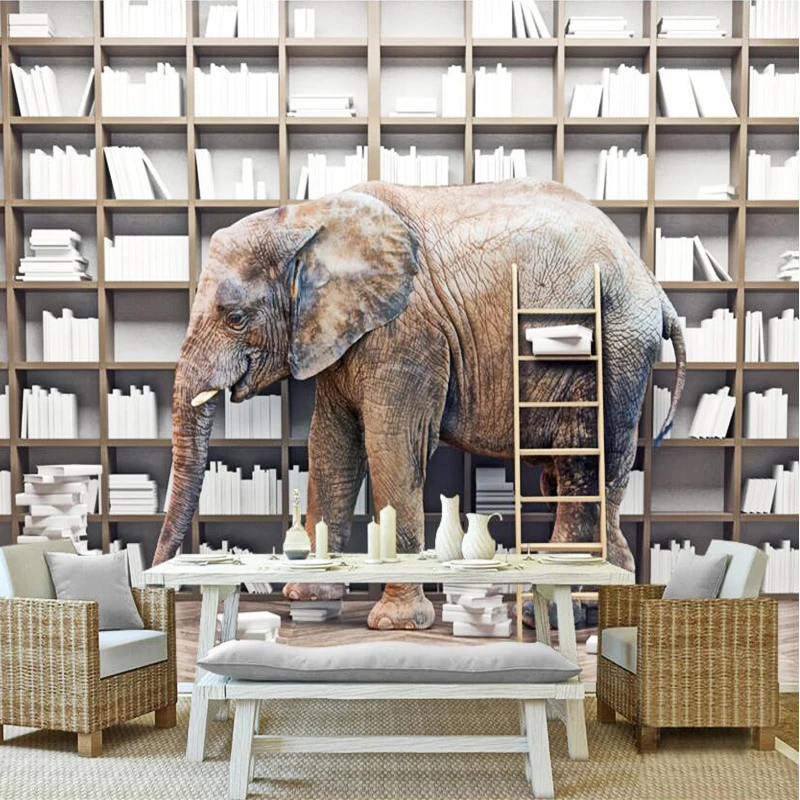 

Custom Modern Minimalist Mural Paper HD Elephant Photo 3 d Wallpaper Creative book shelves TV sofa background wall Home Decor