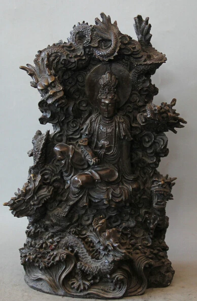 SCY S0524 16 &quotКитайский Бронзовый Ru Yi Seat Nine Dragon Kwan-yin Guan Yin Boddhisattva статуя | Дом и сад