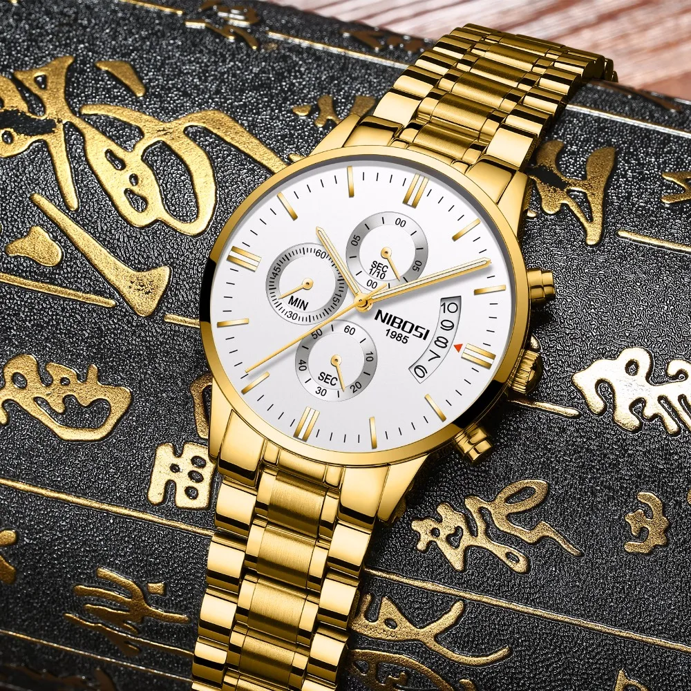 Günstige NIBOSI Gold Luxus Berühmte Top Marke Männer Goldene Uhr Relogio Masculino Militär Armee Analog Quarz Armbanduhr Für Unternehmer