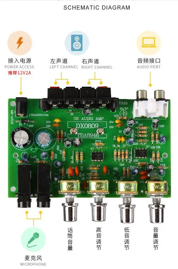 С двумя 6,5 мм микрофонными цифровыми Kara OK Плата усилителя постоянного тока 12~ 15 в TDA8946 60 Вт усилители выходной мощности