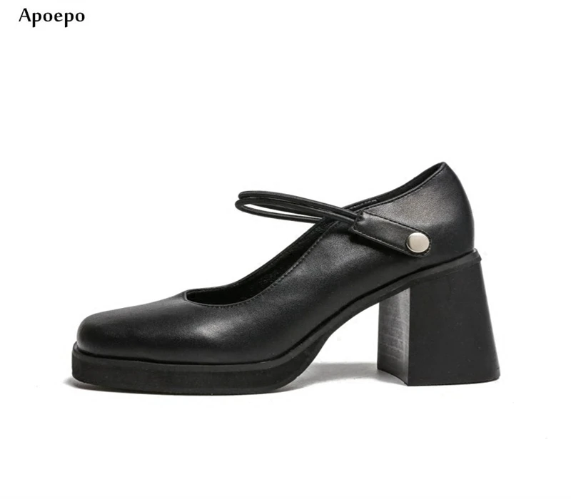 

New Newest Vintage Thick Heels Pumps for Woman Black Leather Ankle Strap Mary Janes Shoes Square Toe Students Heels
