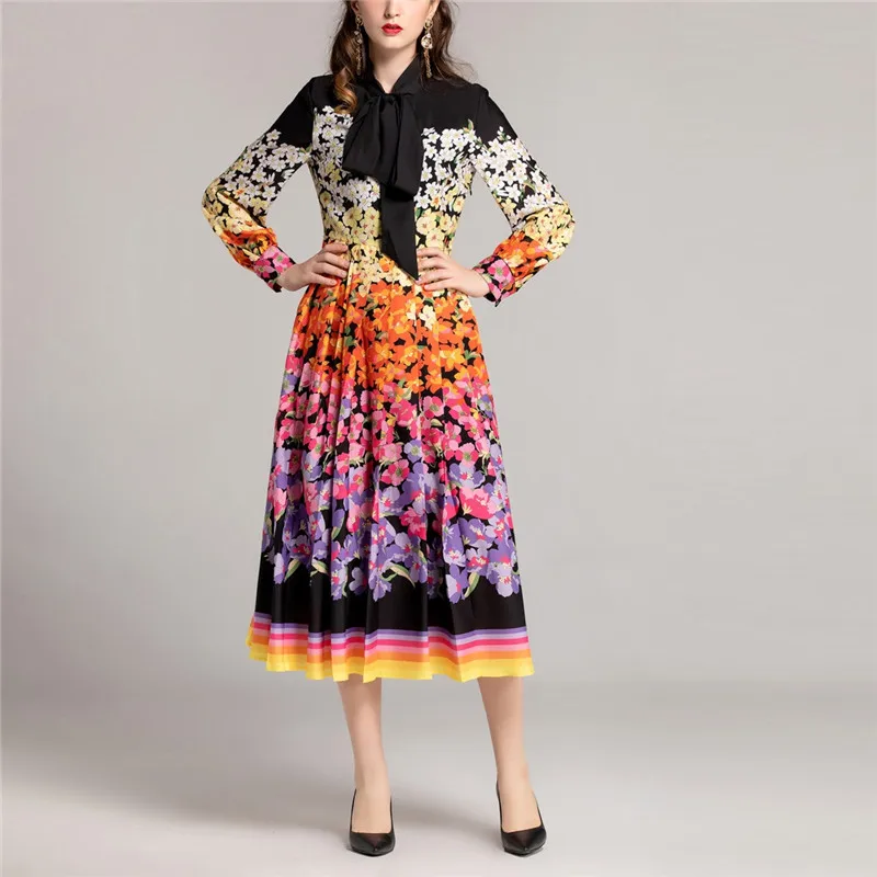 

limiguyue 2019 newest brand runway long dresses women's long sleeve bow collar vintage floral print vacation party dress T260