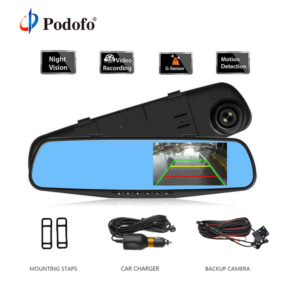 Podofo Dual Lens Car Dvr font b Camera b font 4 3 Inch Rear View Mirror