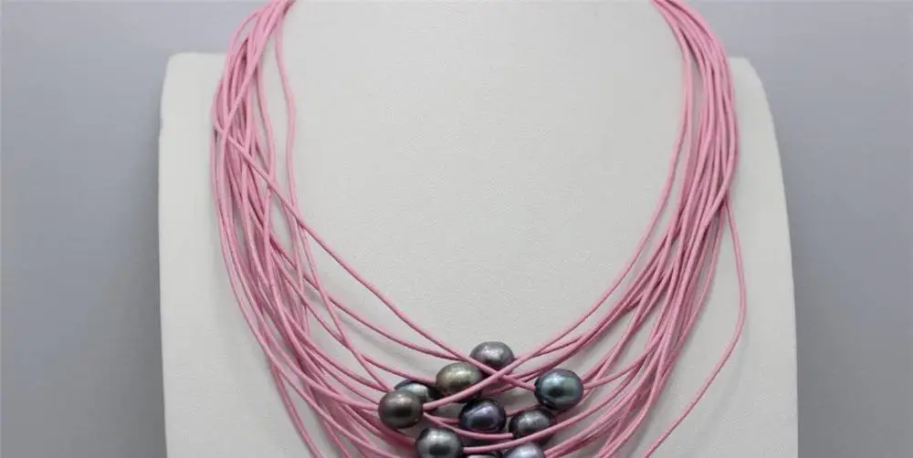 

FREE SHIPPING>>>@@ > Black freshwater pearl 15strand pink Genuine leather necklace 19-23INCH Alloyl a(5.18)