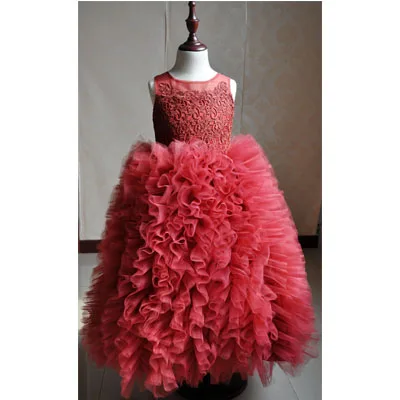 Ellies/свадебное платье принцессы для девочек; пышное платье из тюля с оборками; многоярусные вечерние Детские бальные платья; платье для первого причастия с бантом со стразами - Цвет: Красный