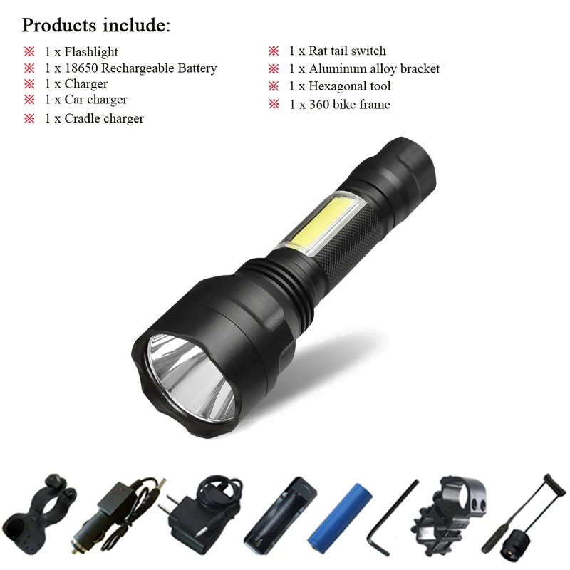 

LED Tactical Flashlight Multifunction Torch XML-T6+COB Portable Flashlight Waterproof Rechargeable 18650 Battery Hunting Camping