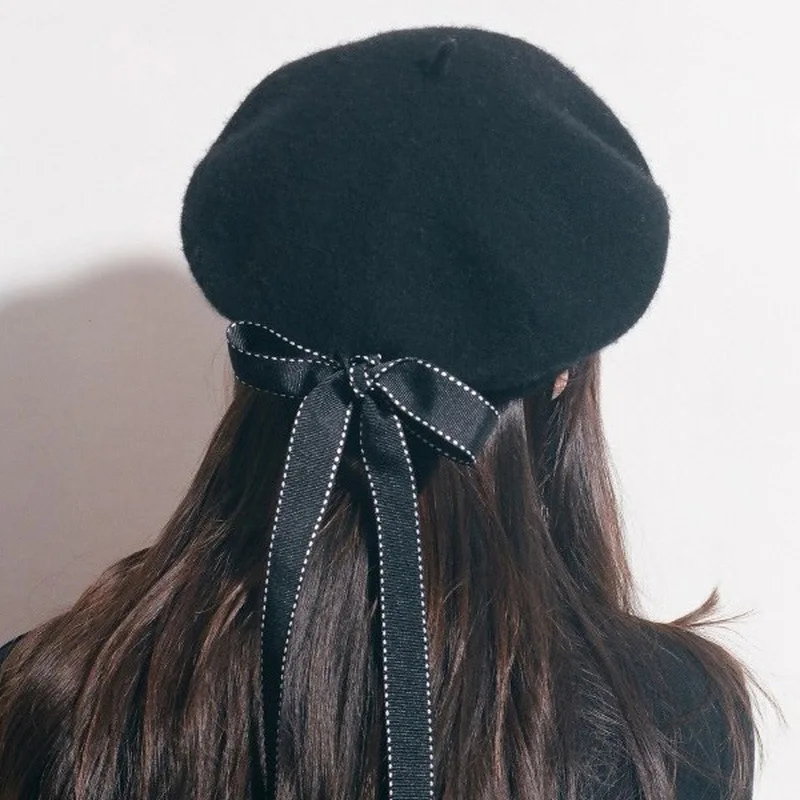 

2019 New Fashion Women Soft Bow Elegant Berets Winter Warm Hat Harajuku Wool Beret Hat with Bowknot