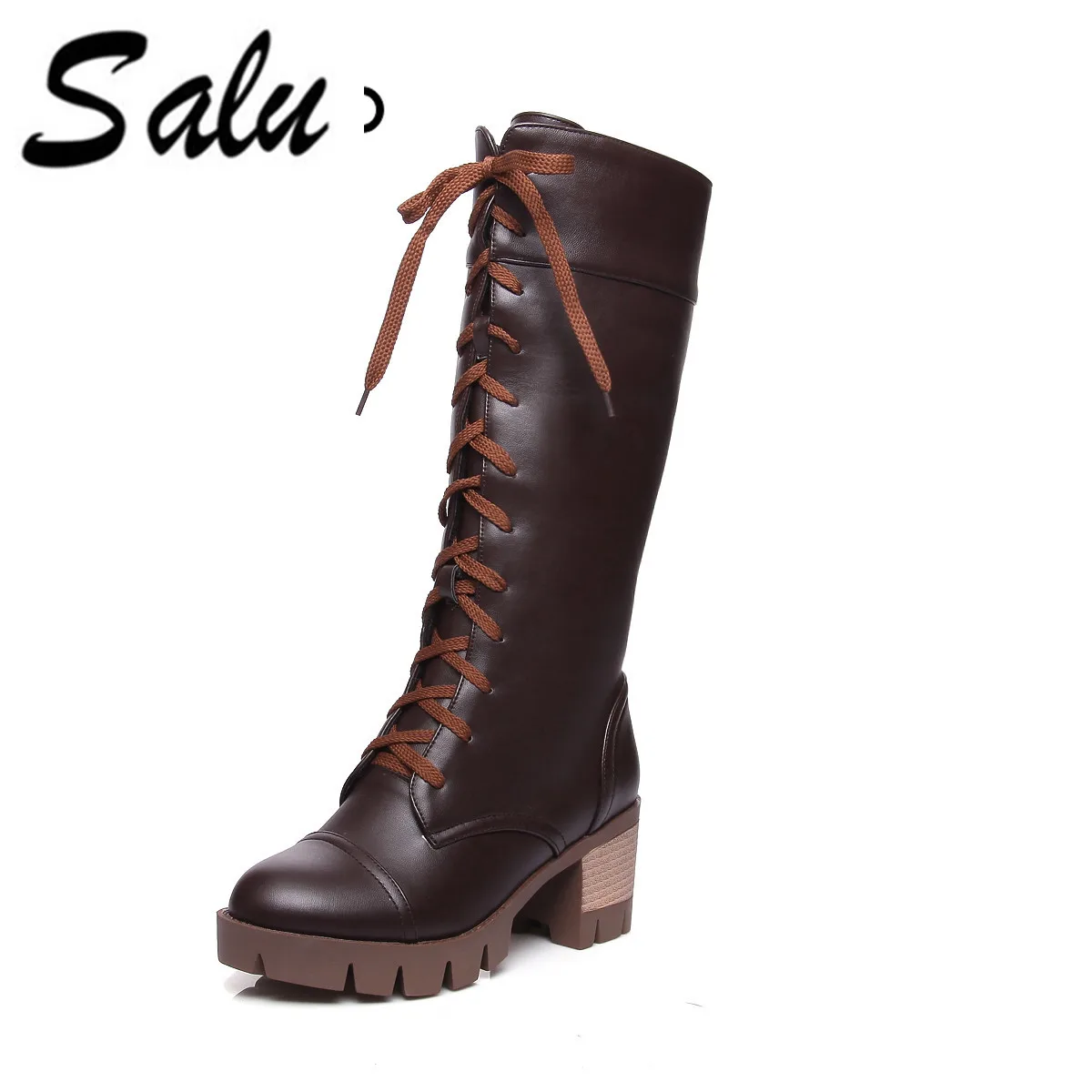 

Salu 2018 Sexy High Heel Boots Women Lace Up Platform knee High Square Heel Winter Shoes Fur Women Snow Boot big Size 34-43