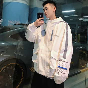 

Spring New Jacket Men's Fashion Contrast Color Reflective Strip Casual Hooded Jacket Man Streetwear Hip Hop Loose Bomber Jacket