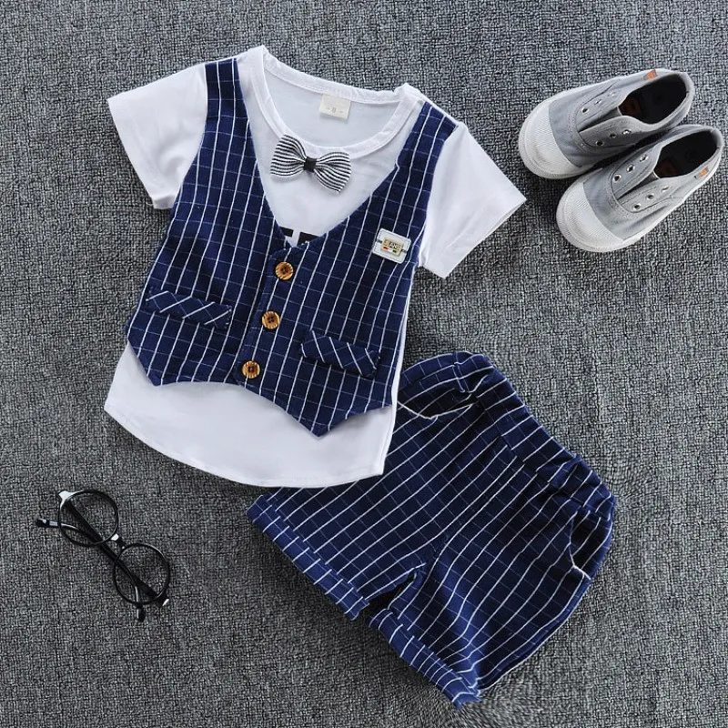 

Boys Summer Clothes Sets Children Letter T-shirt Plaid Pants Kids Handsome Suits