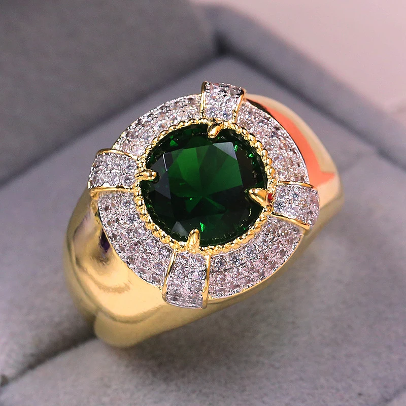 Роскошный бренд AAA CZ зеленый циркон мужское кольцо высокого качества золотого цвета ювелирное изделие Свадьба Помолвка кольцо размер 7 8 9 10 11 12 Bague