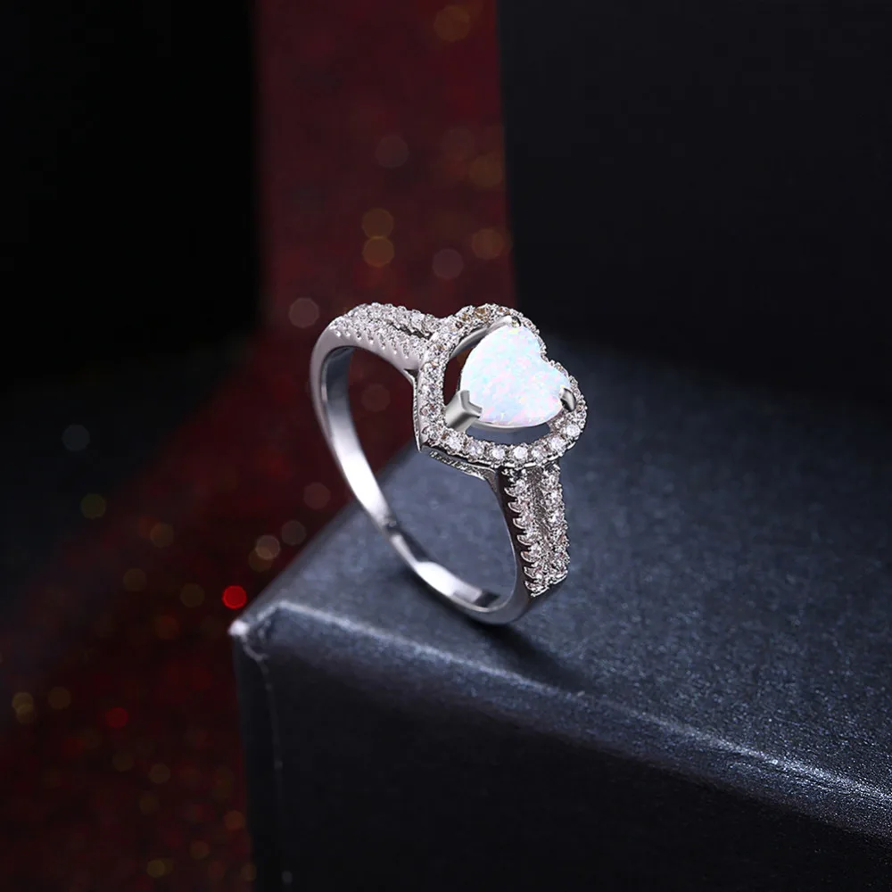 

Elegant Heart Opal Ring Fashion White CZ Wedding Jewelry Silver Color Overlay Engagement Promise Rings R2084