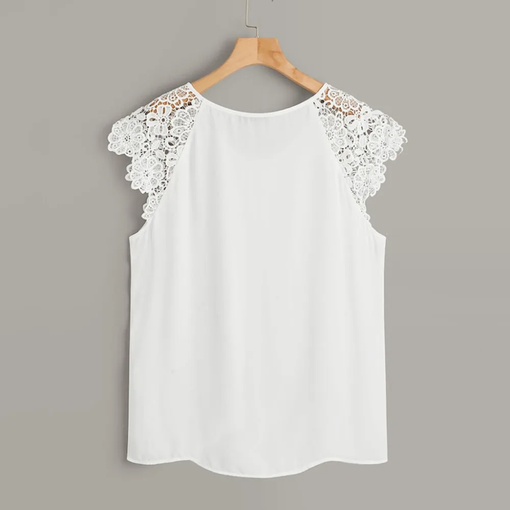 Белые рубашки размера плюс, одноцветные, с круглым вырезом, с цветочным кружевом, на плечах, модные женские элегантные летние топы, блузки, chemise blanche femme#15
