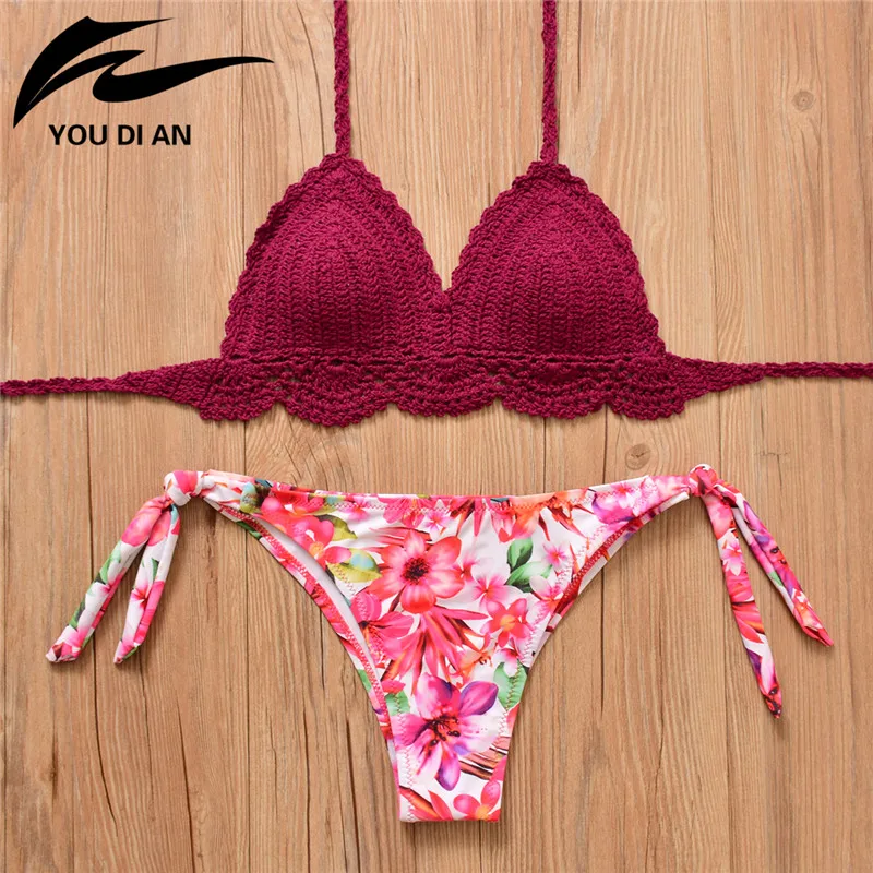 sexy Handmade Crochet Bikini Set Push Up Swimwear Bordered Halter Swimwear Floral Print Beach Bathing Suit thong mujer 2018