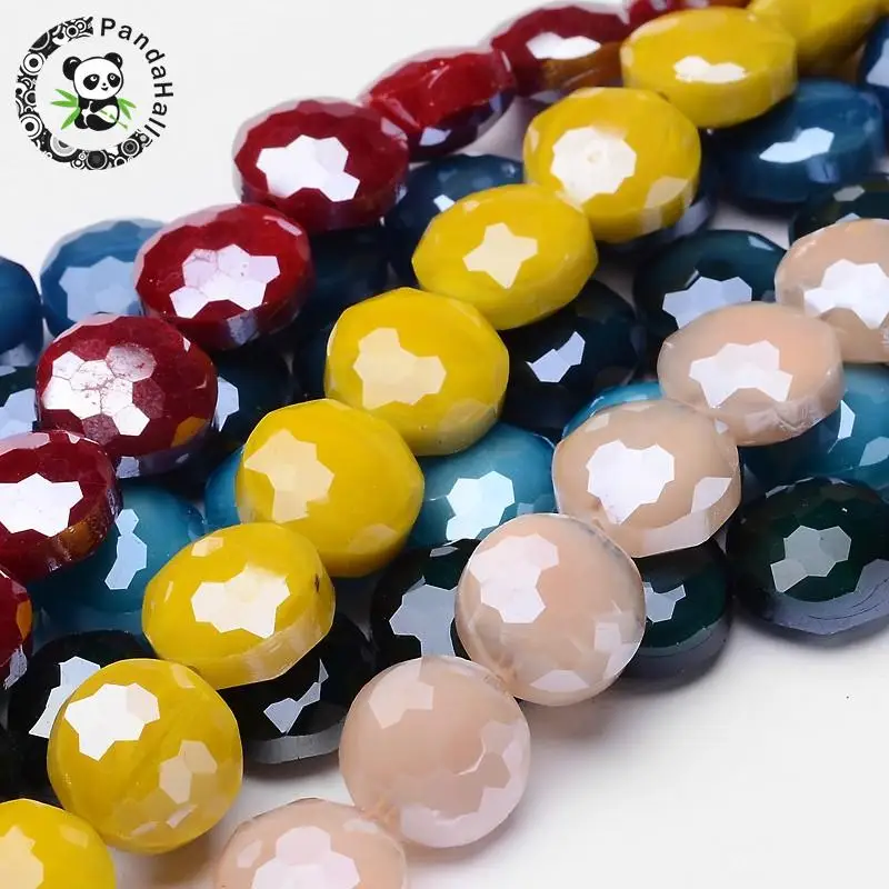 

Pearl Luster Plated Glass Bead , Faceted Flat Round beads, Mixed Color, 14x8mm, Hole: 1mm; about 25pcs/strand, 13.7" F85