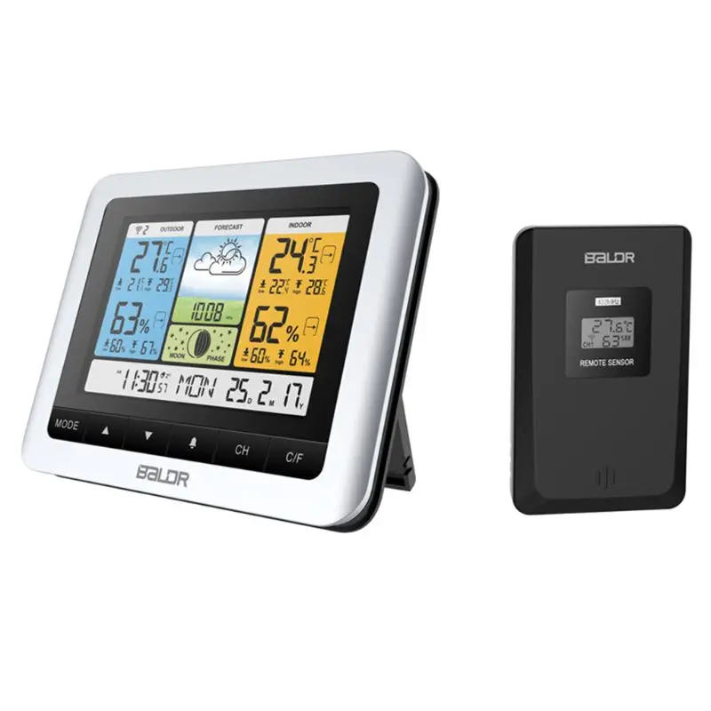 

Thermometer Hygrometer Color Display Temperature Humidity Sensor Wireless Moon Phase Weather Station USB Outdoor Forecast Clock