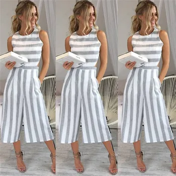 

Summer Rompers Women's Jumpsuit Sexy Casual Sleeveless Elegant Striped Wide Leg Pants Playsuits Overalls Trousers Plus Size